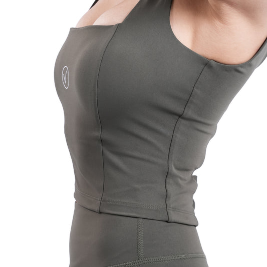 Velvere Open Form Top Olive - bow detail modest activewear top, back view