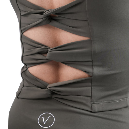 Velvere Open Form Top Olive - sustainable modest bra top, detail shot