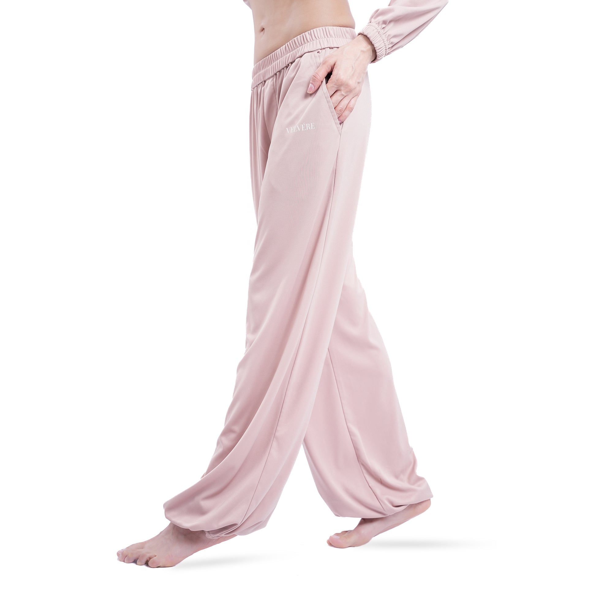 Velvere Move Pants Champagne - sustainable modest track pants, side view