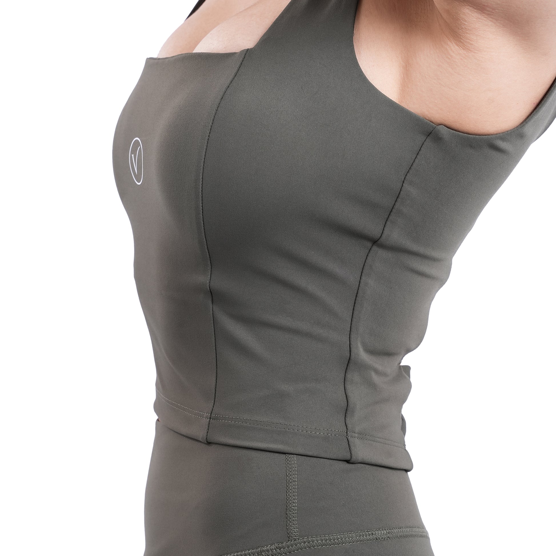 Velvere Open Form Top Olive - bow detail modest activewear top, back view