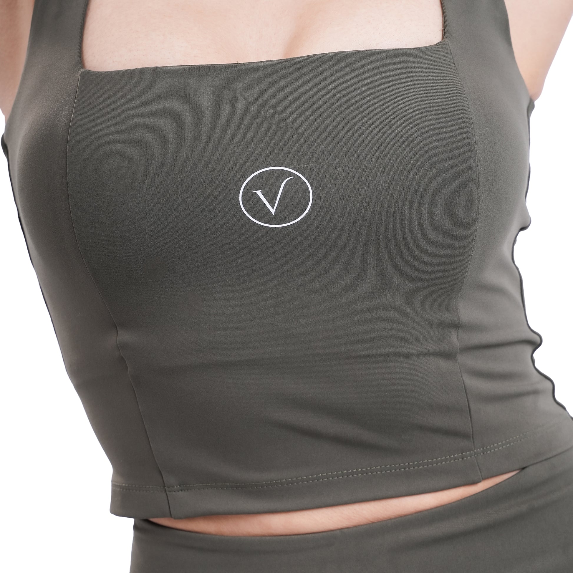 Velvere Open Form Top in Olive - modest sports bra top, front view