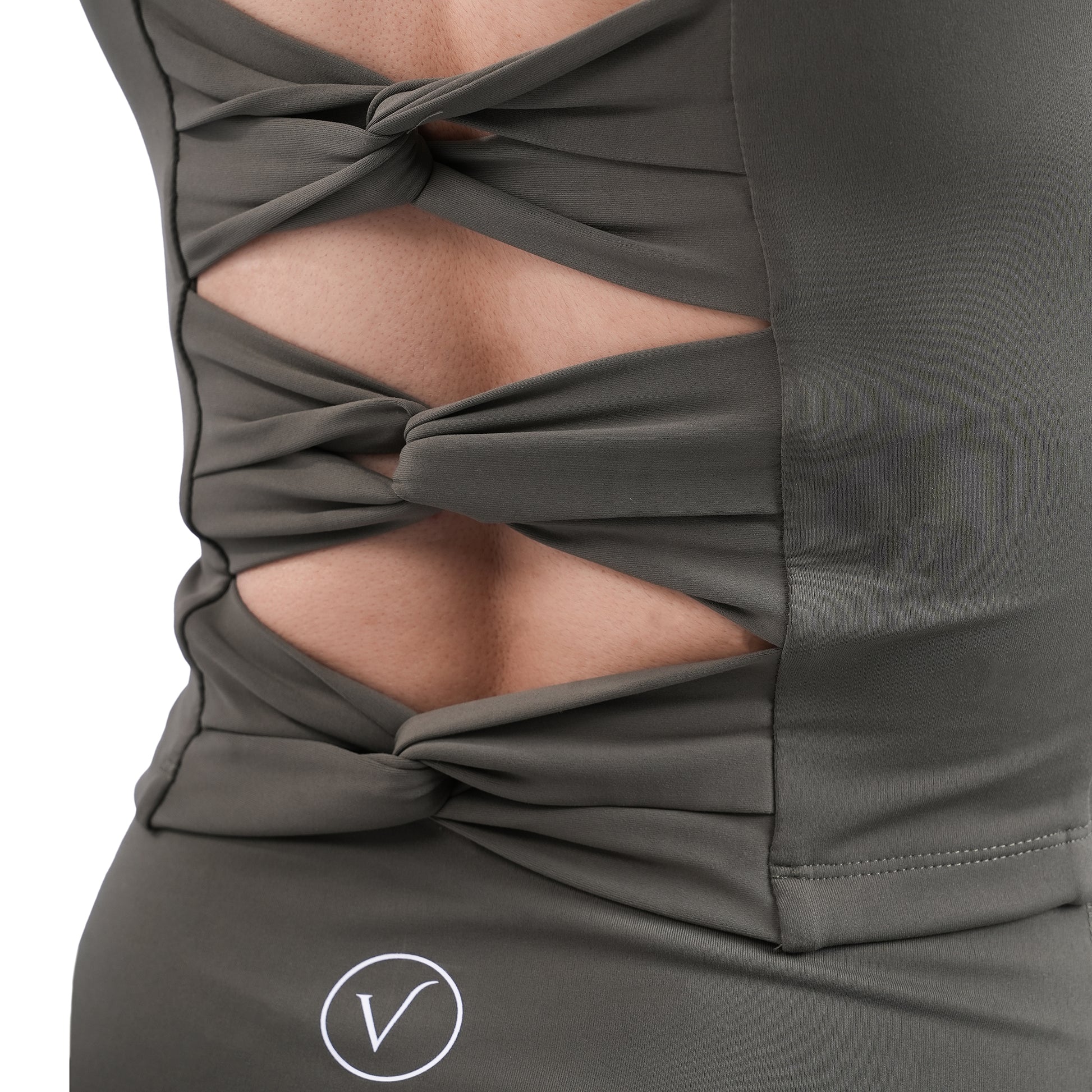 Velvere Open Form Top Olive - sustainable modest bra top, detail shot